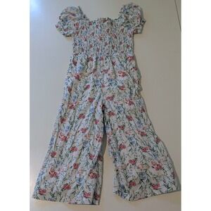 Janie and Jack Girls Floral Smocked Puff Sleeve Wide Leg Jumpsuit‎ White Size 4